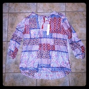 Grand & Greene Tie Neck Printed Peasant Blouse NWT